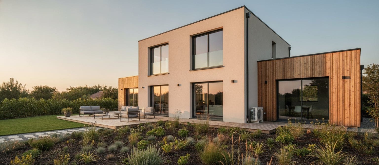 Maison individuelle rénovée : isolation par l'extérieur, bardage bois et pompe à chaleur